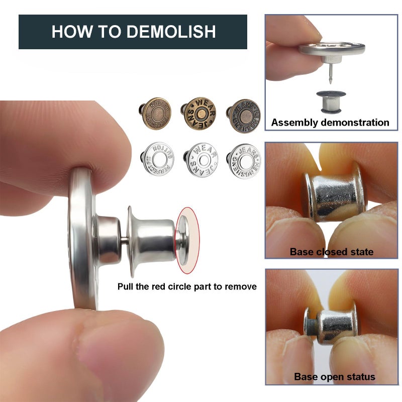 ZENGLU 12 Sets Jean Buttons pins No Sew Instant 17mm Replacement Button Adjustable Pants Buttons Kit - Image 3